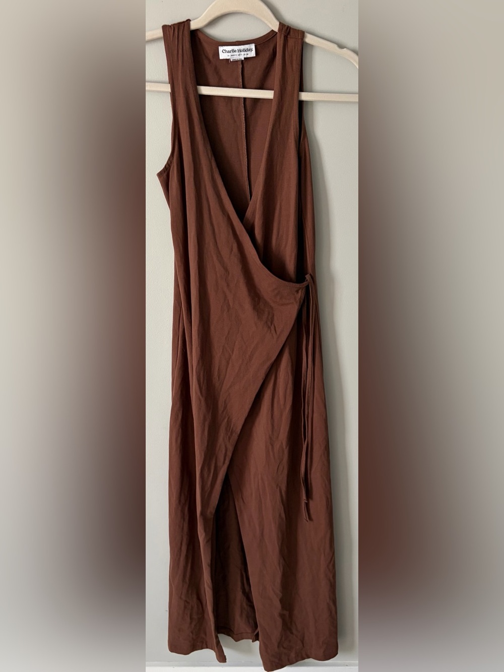 Charlie Holiday Brown Sleeveless Wrap Dress